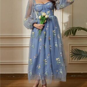 🌸 Enchanted Floral Embroidered Tulle Maxi Dress - Size S, Dusty Blue 🌸